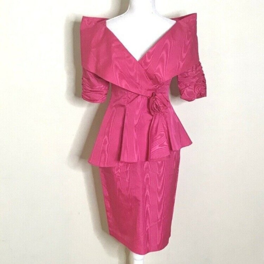 Vintage 80s Pink Taffeta Skirt Set Suit Small USA